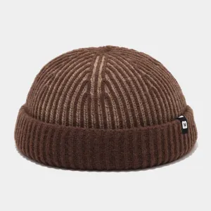 Braune gerippte Strick-Miki-Mütze mit M-Etikett, warme Rollrand-Beanie für Herbst Winter.