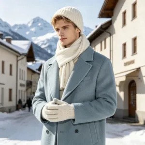 Vista de detalle invernal con gorro de punto crema, bufanda y guantes a juego muy acogedores.