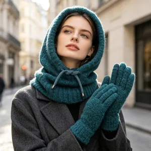 Passamontagna Lavorato a Maglia Sciarpa con Guanti Caldi Set Inverno Esterno Antivento