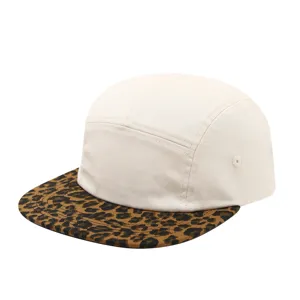 Leopard brim 5-panel cap in off-white, stylish flat brim hip hop hat for outdoor sun protection.