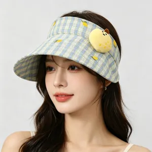Sweet Plaid Cotton Bucket Hat For Women Embroidered Lemon Pattern Soft Breathable Flat Top Casual Outdoor Sunshade Hat Apparel Accessories