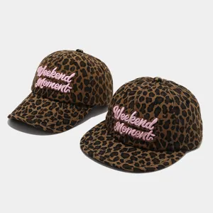 Leopard print baseball cap detail, pink Weekend Moment embroidery, stylish street sun hat view.