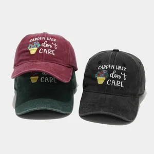 Washed cotton dad hat with garden flower embroidery, casual outdoor sun baseball cap.
