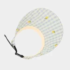 Summer plaid empty top sun visor with cute embroidered lemons and adjustable strap detail.