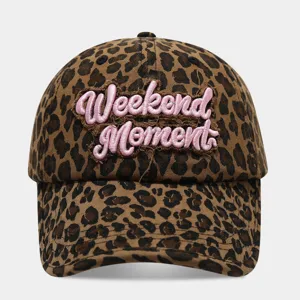 Leopard print baseball cap with pink embroidered letters, trendy street style sun hat for women.