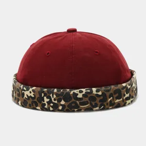 Retro leopard print patchwork docker cap, unisex street style brimless hipster beanie hat.