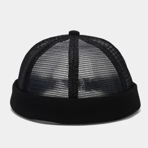 Close-up detail view of the black breathable mesh docker cap and sailor hat design.