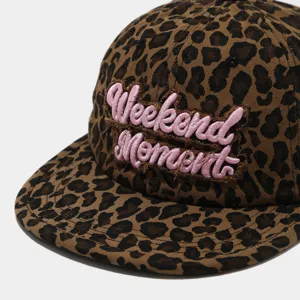 Leopard print baseball cap detail, pink embroidered Weekend Moment patch, street style hip hop hat.