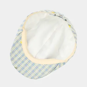 Blue and white plaid flat cap for women, summer casual ivy cap with adjustable buckle.