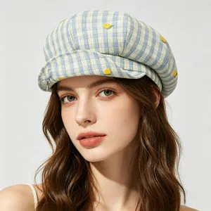 Women blue yellow plaid newsboy cap sweet lemon embroidery casual visor hat chic apparel