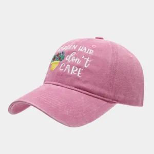 Pink washed dad hat with garden hair dont care embroidery cute floral baseball cap casual outdoor
