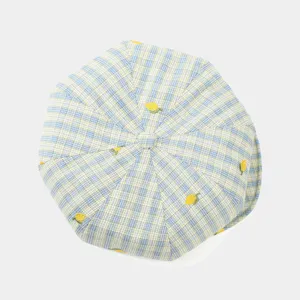 Women summer plaid beret hat with sweet lemon embroidery casual octagonal ivy cap outdoor sun hat.