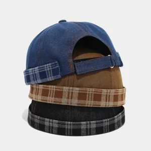 American Retro Plaid Denim Brimless Skull Cap For Men Women Streetwear Adjustable Miki Hat Vintage Sailor Docker Cap
