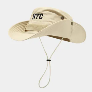 Japanese style outdoor bucket hat with adjustable drawstring and cool NYC embroidery design.