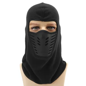 Detail view of black fleece balaclava with breathable vent mask for outdoor winter cycling.