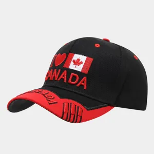 Classic black red Canada flag embroidered baseball cap for stylish outdoor casual wear.