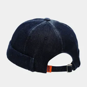 Dark blue washed denim dock cap, retro roll-up brim watch cap for men and women street style