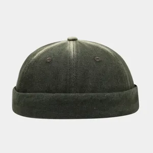 Washed denim docker cap for men and women, vintage brimless sailor hat with retro street style.