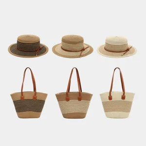 Sombrero de Paja de Papel Tejido Casual para Mujer Ala Ancha Parte Superior Plana Gorra Parasol Bolso Tote Gran Capacidad Rayado Playa Conjunto Accesorios