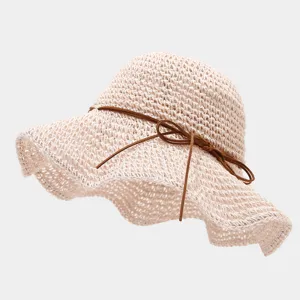 Chapeau bob en paille d'été avec nœud, chapeau de soleil ajouré et respirant pour femme.