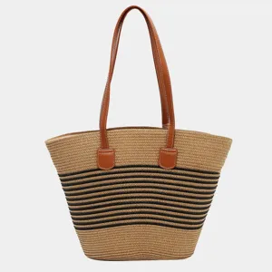 Bolso tote de paja tejido para mujer elegante con rayas negras asas marrones capacidad grande