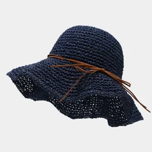 Chapeau de pêcheur en paille respirant d'été avec nœud marron chapeau de soleil femme.