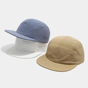 Breathable quick-drying mesh 5-panel baseball cap detail shot for outdoor sports and running.