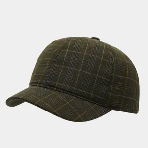 Retro plaid short brim baseball hat detail, military green casual sunshade duck tongue cap.