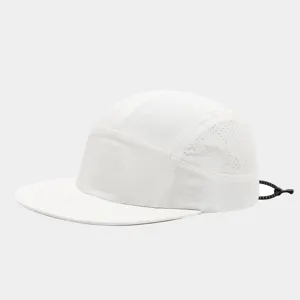 White breathable 5-panel athletic baseball cap, quick-dry mesh side panel detail view.