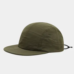 Detail view of tactical camp cap, breathable mesh ventilation holes, adjustable bungee cord.