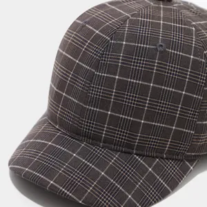 Vintage plaid short brim baseball cap detail, brown casual hat for outdoor sun protection.