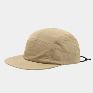 Detailed view of khaki quick-dry mesh outdoor 5-panel hat with adjustable bungee cord closure.