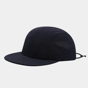 Breathable mesh side panels and adjustable elastic cord detail of the quick-drying camp cap.