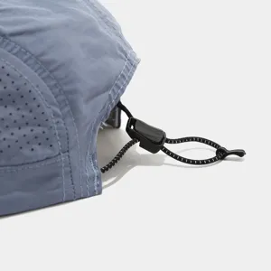 Detail shot of summer breathable mesh running cap adjustable elastic cord closure quick-drying fabric.