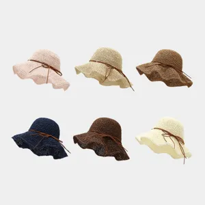 Chapeau Bob en Paille de Papier Respirant Été pour Femmes Avec Décoration de Nœud en Cuir Chapeau de Soleil de Plage