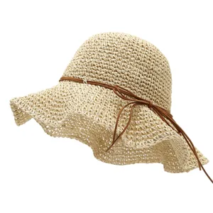 Chapeau de pêcheur en paille ajouré respirant été avec nœud ruban chapeau de soleil