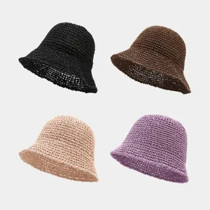 Women's Summer Straw Bucket Hat Hollow Breathable Beach Sun Hat Folding Sunscreen Fisherman Hat For Travel Vacation