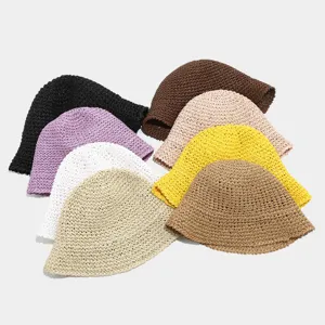 Summer woven straw bucket hat multi-color display, breathable beach sun hat for women.
