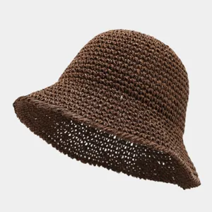 Women's brown straw bucket hat, hollow woven summer beach sun hat for daily outdoor travel.