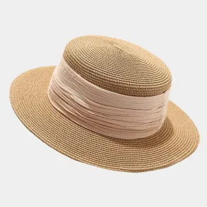French vintage flat top straw hat with wide ribbon detail, summer beach sun protection hat.