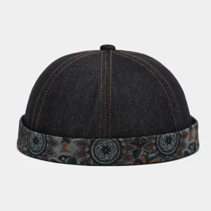 Retro washed denim docker cap for men, brimless sailor hat with stylish printed cuff.