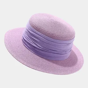 French vintage style light purple flat top straw hat with wide ribbon detail for summer.