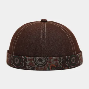 Mens Vintage Washed Denim Docker Cap Retro Miki Hat Roll Brim Sailor Cap Brown Street