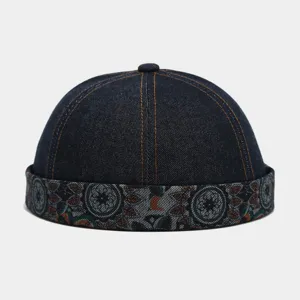 Stylish denim docker cap for men, retro brimless sailor hat with unique patterned cuff.