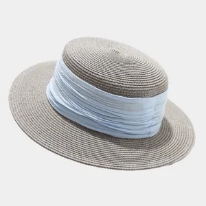 French vintage flat top straw hat for women, summer beach sun hat with wide ribbon decor.