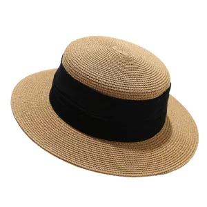 French vintage flat top straw hat for women summer outdoor beach sun hat with wide ribbon.