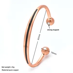 Detail view of the rose gold copper magnetic cuff bracelet showing dimensions and magnets.