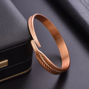 Minimalist Copper Leaf Bangle Feather Open Adjustable Bracelet Cuff With Feather Ring Set Vintage Artistic Hand Jewelry For Adults