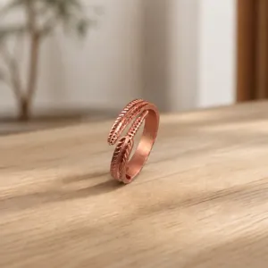 Pure red copper open ring with elegant feather design, minimalist adjustable cuff jewelry.