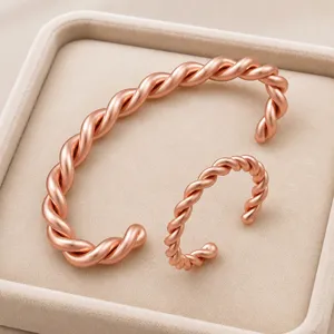 Rose gold copper twisted open cuff bracelet and matching ring set for couples fashion jewelry